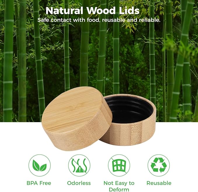 Wooden Jar Lids with Natural Wood 48 Pcs Storage Can Lids with Round Bottle Reusable Leak-Proof Fine Sealing Lids for 6 Oz 4 Oz Spice Jars