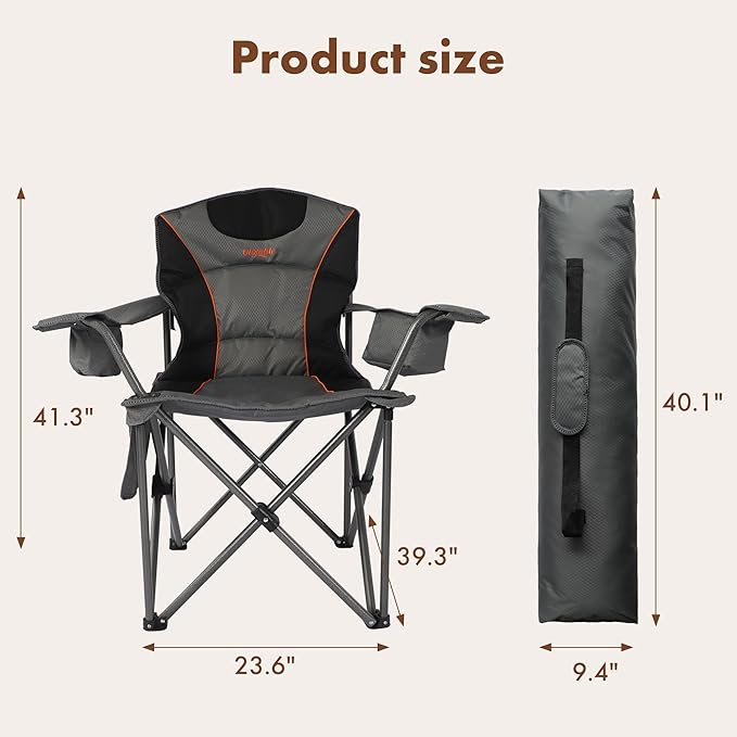 Oversized Camping Chair Heavy Duty Steel Frame 450 LBS Capacity Collapsible Padded Arm Chair with Cup Holder Lumbar Support Portable for Outdoor Garden Beach Home (2 Gray)