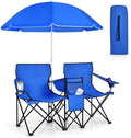 KOTEK Double Camping Chair Folding Camp Chair with Removable Umbrella Cup Holders Cooler Bag Side Pocket &amp Carry Bag 2-Person Beach Chair for Outdoor Sports Concerts Travel Picnic (Blue)