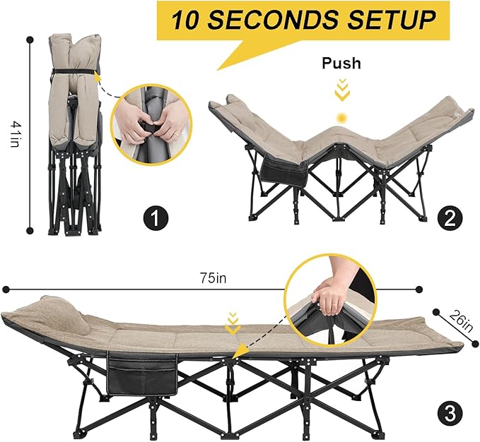 ATORPOK Camping Cot for Adults with Cushion and Pillow Portable Folding Bed for Sleeping Lightweight Tent cot with Carry Bag Supports 450 lbs (Khaki)