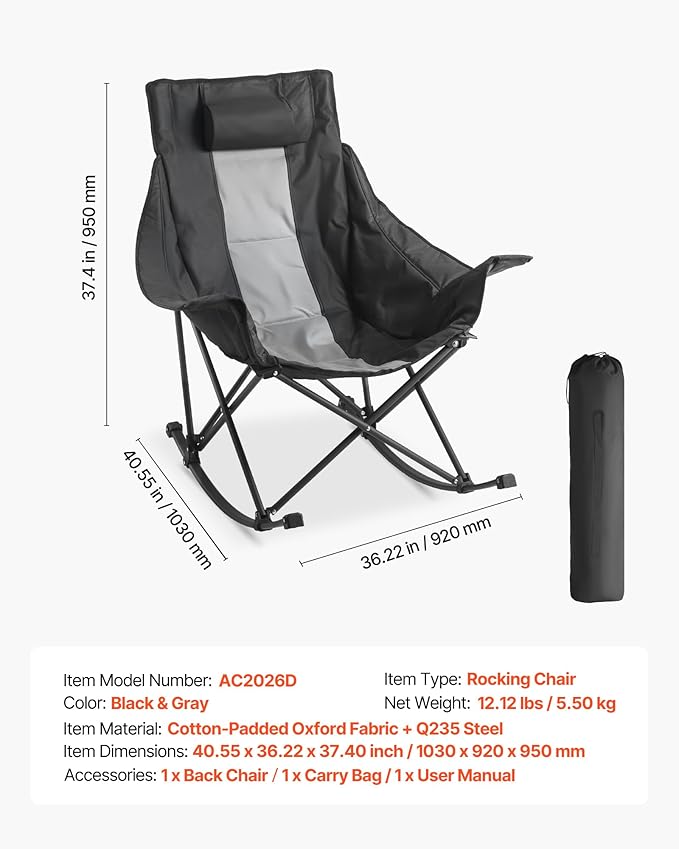 VEVOR Rocking Camping Chair Portable Folding Rocker Heavy-Duty Lawn Chair Recliner with Cupholder &amp Pocket Supports 225lbs Fully Padded Camp Chairs for Outdoor Patio Backyard Porch Garden