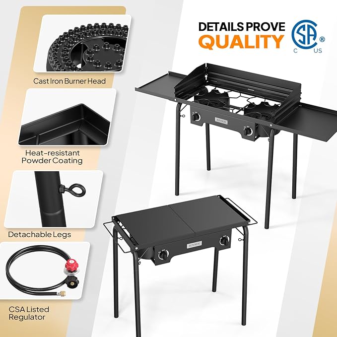 ROVSUN 2 Burner Gas Stove with Side Shelves 150000 BTU Portable Propane Stove with Removable Legs Wind Panels &amp Regulator for Camping Home Backyard Cooking Brewing Canning Turkey Frying