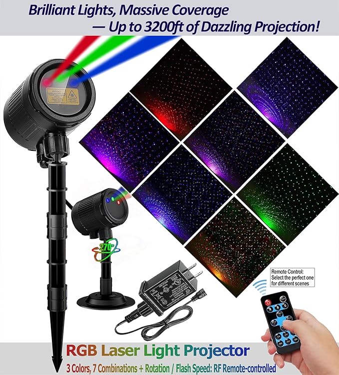 Laser Christmas Porjector Lights Waterproof Laser Light Projector Outdoor 3-Color Star Shower Laser Lights Remote Control &amp Timing Perfect for Holidays Party Garden Decor