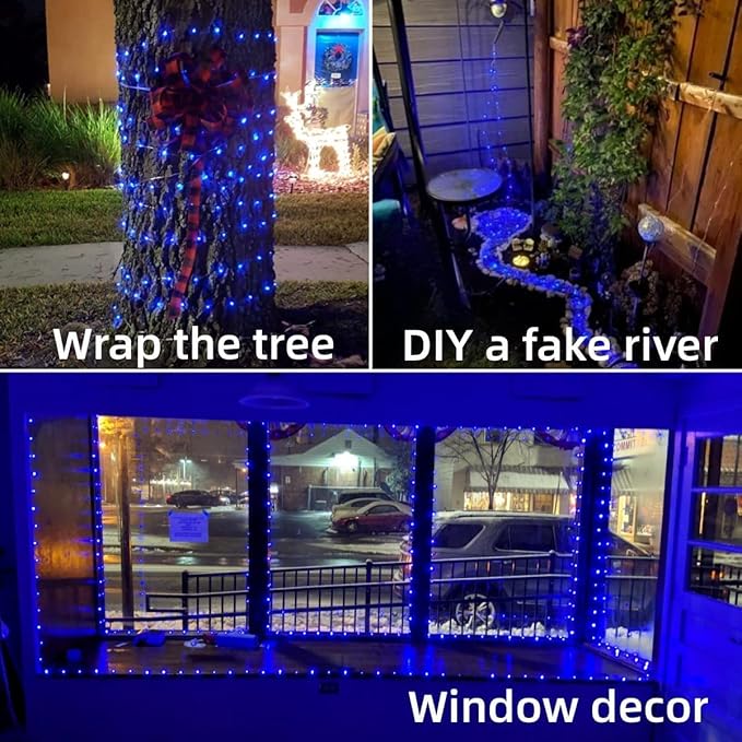 YEGUO 4 Pack Blue Solar Fairy Lights Each 33ft 100 LED Christmas Lights Outdoor Waterproof 8 Modes Sliver Wire Solar String Lights