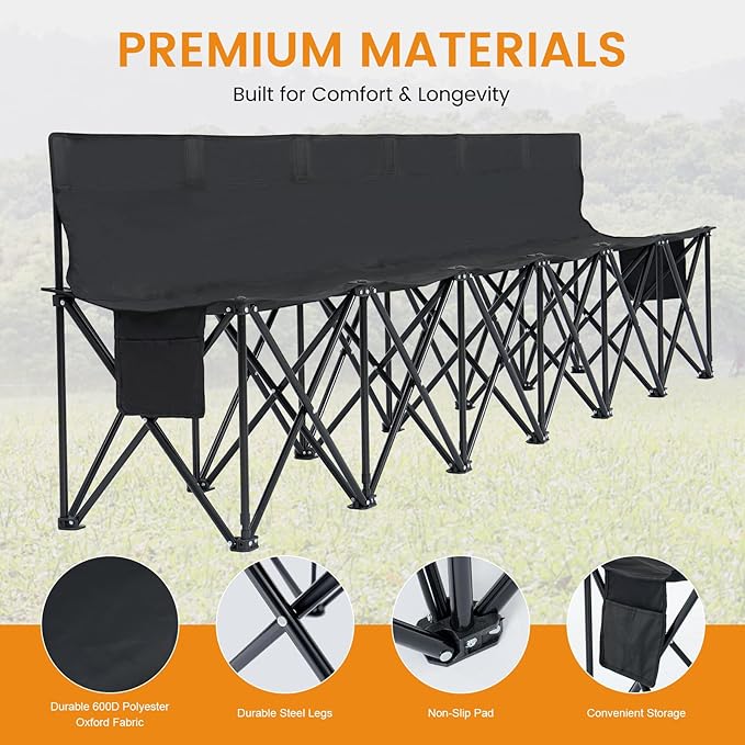 LILYPELLE Portable Bench 6 Seat Soccer Benches for Team Folding Soccer Bench Chair Sideline Benches Camping Chairs for Football Camp Sport Events Outdoor Seating with Carry Bag 1Pack
