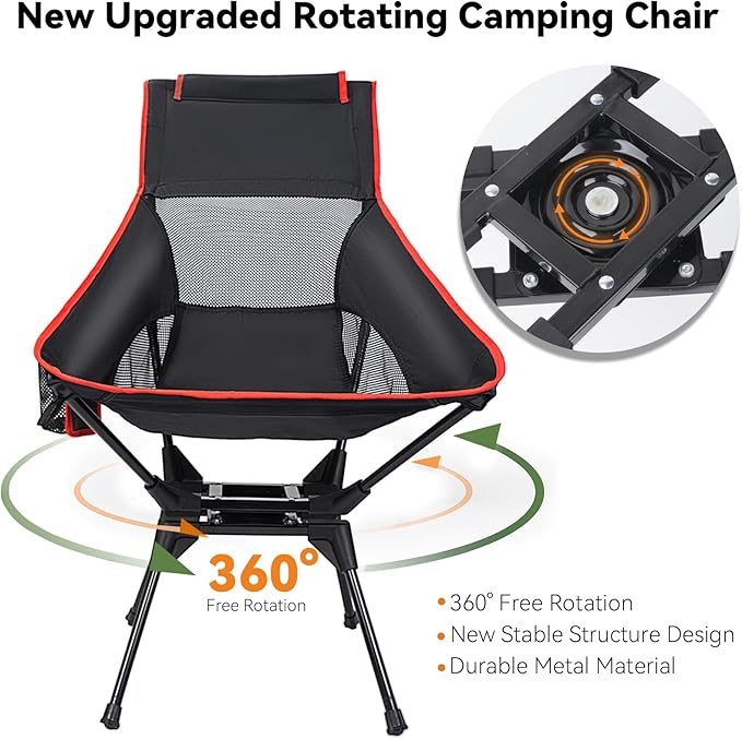 Upgraded 360° Swivel Folding Camping Chair Lightweight High Back Portable Chairs with Head Support Compact &amp Stable for Outdoor Camp Travel Beach Picnic Festival Fishing Hiking Backpackin