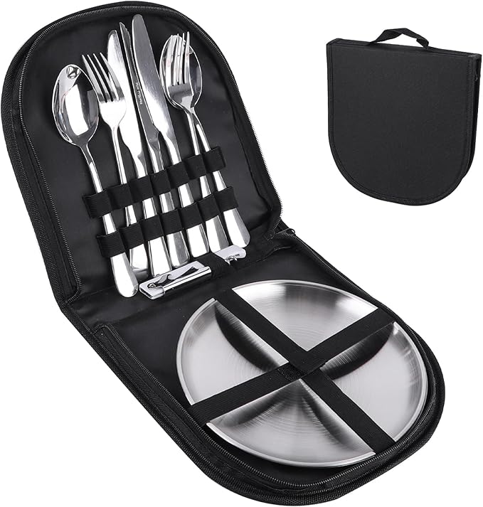 Outdoor Camping Silverware 10Pcs Set Stainless Steel Outdoor Camping Mess Kits Includes Forks Spoons Knives Fork Spoon Dish and Cap Opener Plates - Portable Cutlery Bag