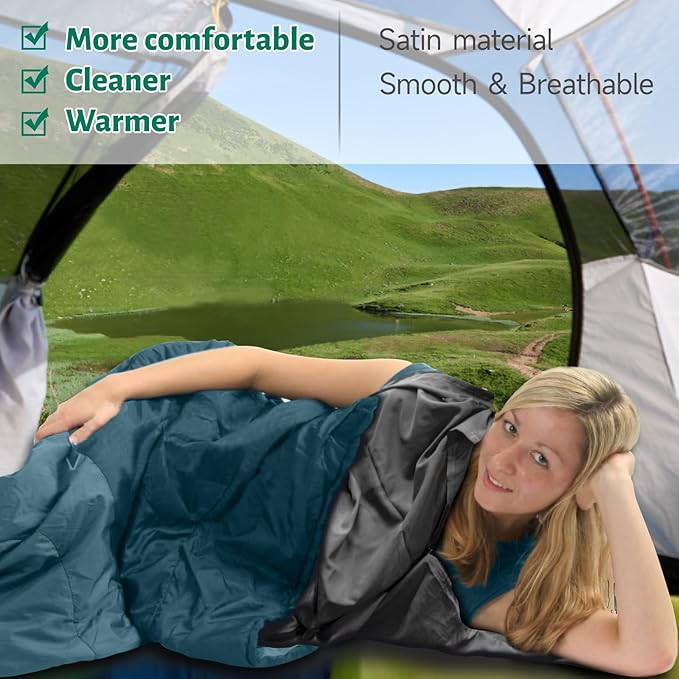 Ultralight Sleeping Bag Liner Satin Sleep Sack Comfy Breathable &amp Cooling &amp Silky Soft liner Travel Sheets &amp Adult Sleep Sack with 2 Way Zipper Ideal for Backpacking Hotel Camping H