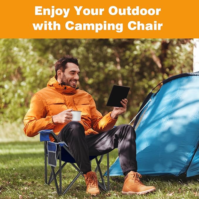 Folding Camping Chair Portable Outdoor Heavy Duty Padded Chairs Lawn Chair with Cup Holder Storage Pocket and Cooler Bag Supports 480LBS Blue