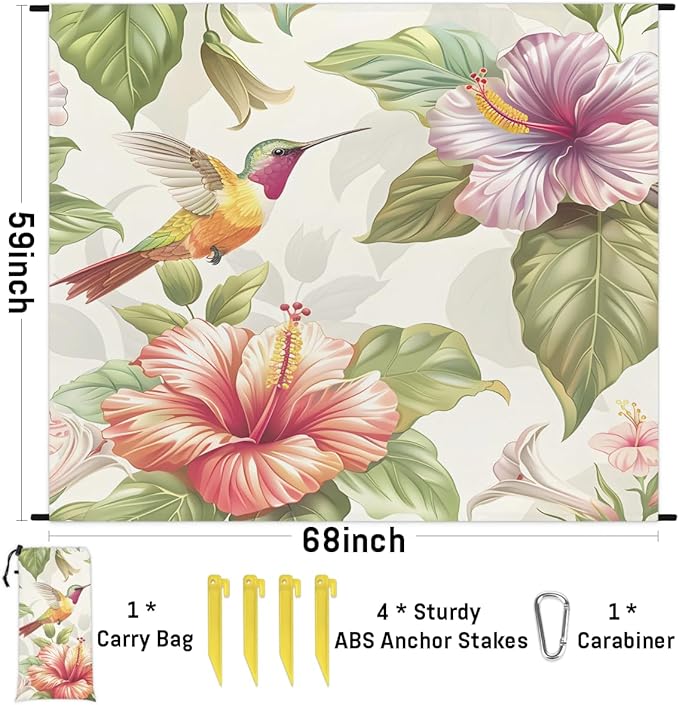 Waterproof Sandproof Beach Blanket 59''×68'' Flower-Hummingbird Polyester Outdoor Picnic Blanket with 4 Stakes &amp Storage Bag for BeachCampingVacation White