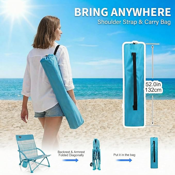 2 Pack Low Beach ChairFolding Recliner Camping Chair for AdultsLightweight Backpacking Low Seat Camping Chairs with Cup HolderCarry Bag for Outdoor Camp Lawn Picnic FestivalBlue Strip
