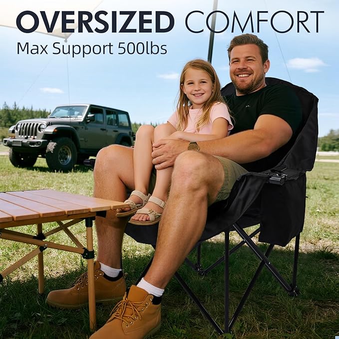 Oversized Camping Chairs for Adults - Heavy Duty Padded Outdoor Folding Lawn XL Camp Chair with Cup Holder Cooler Pockets for Outside Sports Beach Fishing Garden Portable Supports 500lbs AllBlack