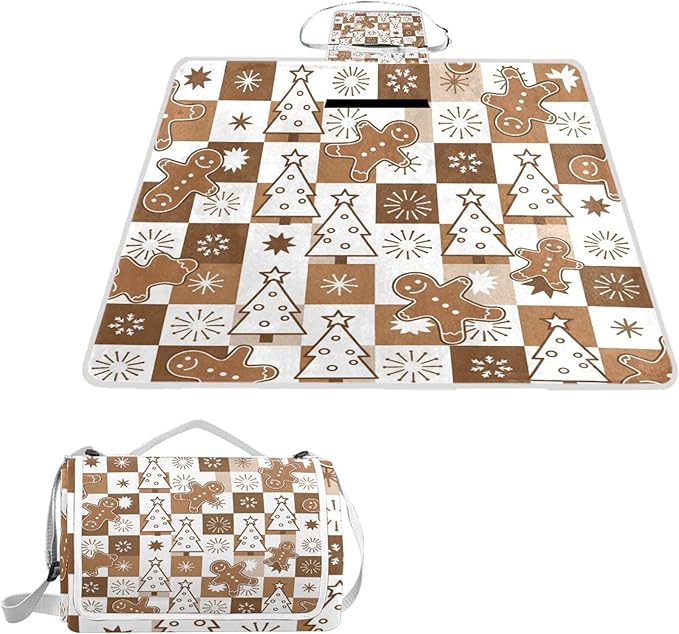 MNSRUU Picnic Blanket Waterproof Foldable Gingerbread Men and Christmas Large Outdoor Picnic Beach Camping Blanket Travel Mat Shoulder Strap Tote Rectangle 57x59in