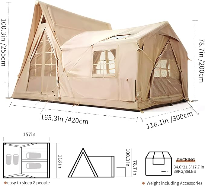 Inflatable Tents for Camping 8-10 Person Luxury Inflatable Tent House with Stove Jack Waterproof Portable Inflatable Camping Tent with Rainfly