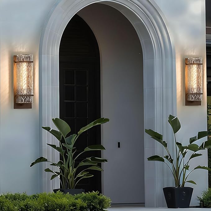 Brown Outdoor Wall Light 13.4in Exterior Waterproof LanternsPorch Sconces Wall Mounted Lighting with E26 Sockets &amp Textured Glass Shades for GarageDoorwayPatioFront Door