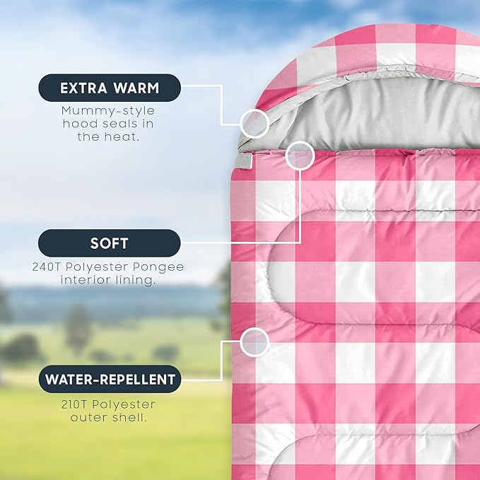 Wake In Cloud - Kids Sleeping Bag for Boys Girls Toddlers Camping in Warm Cold Weather Backpacking Lightweight Compact Outdoor Liner for 3 Seasons Gingham Plaid