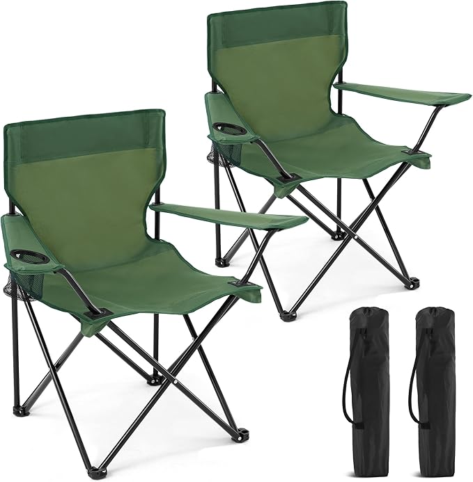 Folding Camping Chairs 2 Pack for Adults 300LBS Capacity Foldable Portable Lawn Chairs with Carry Bag Compact Design for Camp Beach Picnics and Outdoor (Green)