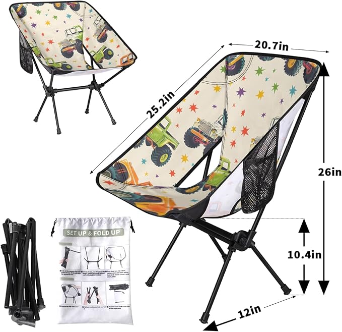 Honeybaby Folding Camping Chair Stars Trucks Camping Chairs Lightweight Portable Chair Outdoor Foldable Chairs for Camping Travel Picnic Beach Hiking