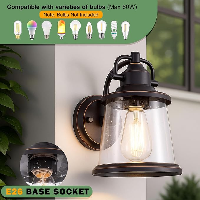 GRUENLICH Outdoor Wall Lantern Wall Sconce as Porch Lighting Fixture E26 Medium Base Metal Housing Plus Seeded Glass Oil Rubbed Bronze Finish Bulb Not Included 1-Pack