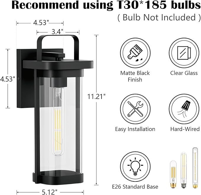 LETRY 2-Pack Outdoor Wall Lights Porch Lights Waterproof Outdoor Wall Sconce Lanterns Exterior Lighting Fixtures Matte Black with Clear Glass Shade for House Patio Garage Doorway Entryway