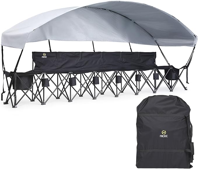 Nice C Portable Folding Bench with Canopy Soccer Team Bench with Sun Shade 6 Seat Fabric Outdoor Sports Chair for Adults with Cooler &amp Cup Holder for Football Basketball Camp Events (Black)