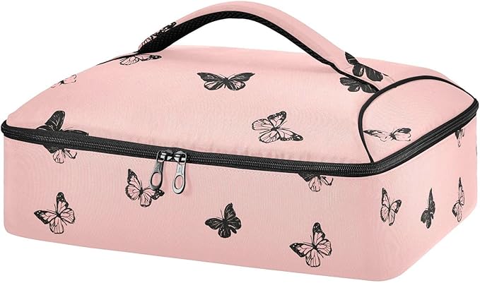 Casserole Carrier Beautiful Pattern Pink ButterflyInsulated Casserole Carrier for Hot or Cold Food Thermal Lunch Tote for Potluck Parties Picnic Beach Fits 9 x 13 Inches Baking Dish