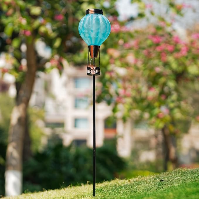 Solar Garden Lights Outdoor with Hot Air Balloon Stake Garden Lights Solar Waterproof Flickering Lantern Lawn Pathway Patio Decor（Blue）