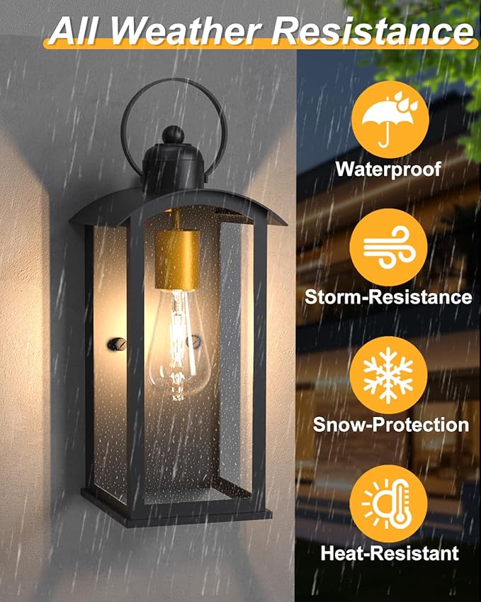 Dusk to Dawn Outdoor Wall Light Fixtures 15inch Waterproof Patio Lanterns Exterior Wall Mount Lantern Sconce with Glass Black Wall Sconces for House Garage Front Door