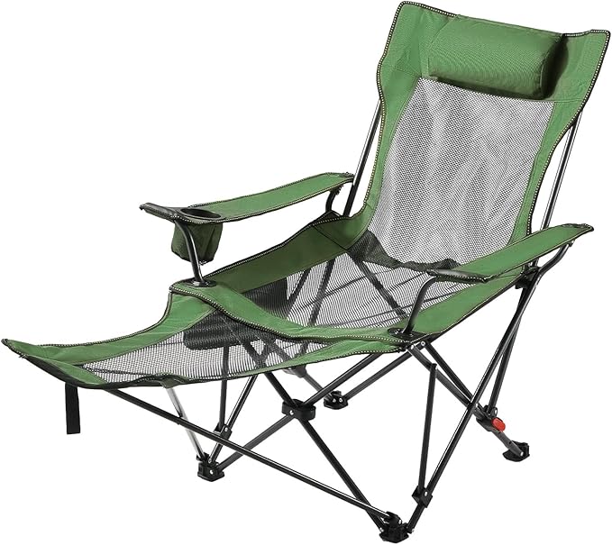 VEVOR Reclining Camping Chair 4 Adjustable Positions Portable Folding Lounger for Adults Mesh Beach Chair with Headrest &amp Foot Rest Supports 220 lbs Heavy Duty Camp Chairs for Patio Green