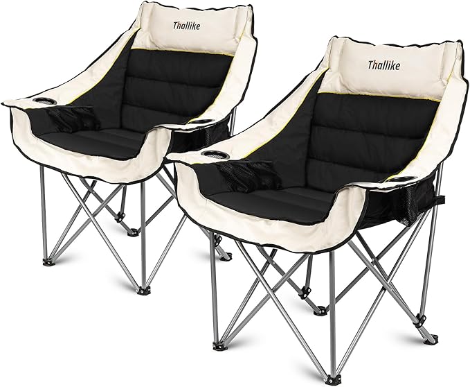 Oversized Camping Chair Portable Folding Padded Camping Chairs with Cup Holder and Carry Bag Heavy Duty Outdoor Camping Chairs for Adults Up to 400Lb for Fishing (Black-2 Pack)