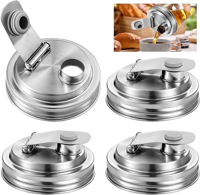 Steel Mason Jar Pour Spout Lids 4 Pcs 3.4-Inch Round Thread Design Leak Proof Rust Proof Seal Pitcher Cover Stainless
