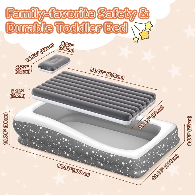 Inflatable Toddler Travel Bed - Grey Soft Toddler air Mattress with Bumpers for Easy to Inflate &amp Deflate - Portable Blow up Toddler Bed Travel with Sides for Trip Sleeping