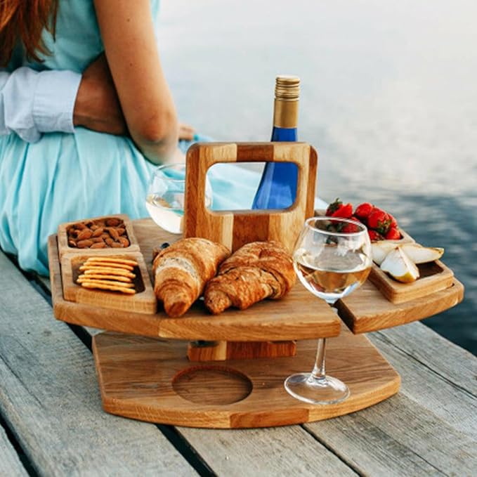 Portable Wine Table Outdoor Wooden Folding Table with Snack Tray 2 Wine Glasses Holder Beach Indoor Snack Bed Table Picnic Tray Tables for Beach Camping RV Outdoor Concerts