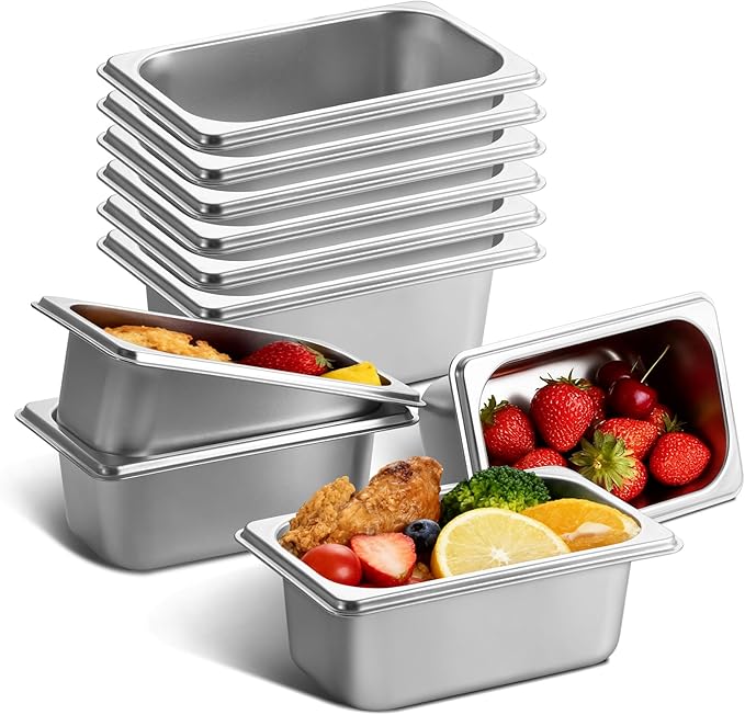 GOLDEN KEY 10 Pcs Stainless Steel Steam Table Pans1/9 Size x 2.5 Inch Commercial Food PansStackable Commercial Anti-Jam Hotel PansCatering Storage Metal Food Pan for Home Restaurant Buffet
