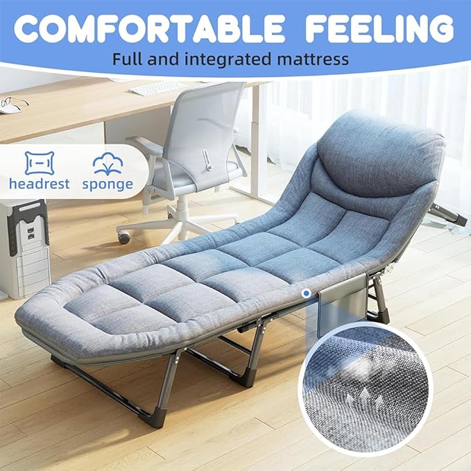 Camping Cot Portable Folding Bed for Adults 6 Position Adjustable Cot Recliner Chair with Pillow Heavy Duty Steel Frame Camping Office Nap Indoor Outdoor Use (Large(74in))