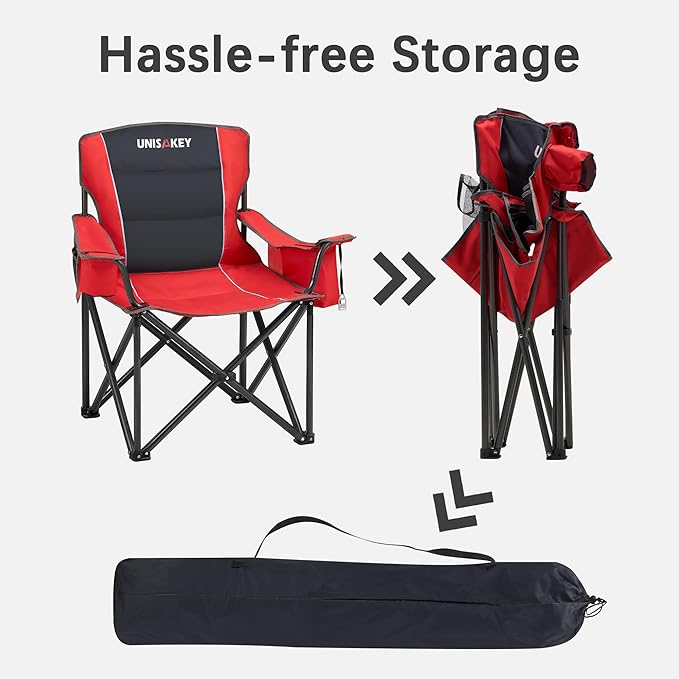 Oversized Folding Camping Chair for Adults - 450lbs Support - Heavy Duty Portable Lawn Chairs with Side Pocket Cup Holder Cooler Bag for Sports Garden Beach Fishing Red 2 Pack