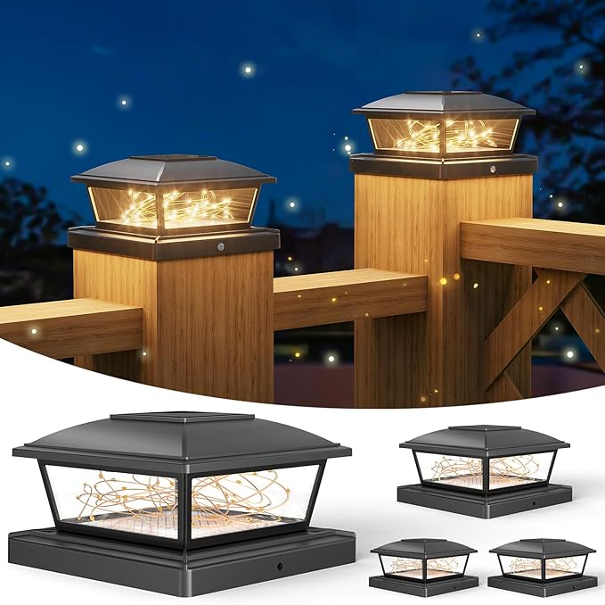 VOLISUN Solar Post Cap Lights Outdoor 4Pack Black Fence Cap Lights Solar Powered Fits 4x4 6x6 Wooden/4x4 5x5 Vinyl Post Firefly filaments Lighting for Garden/Patio/Porchwith Warm White