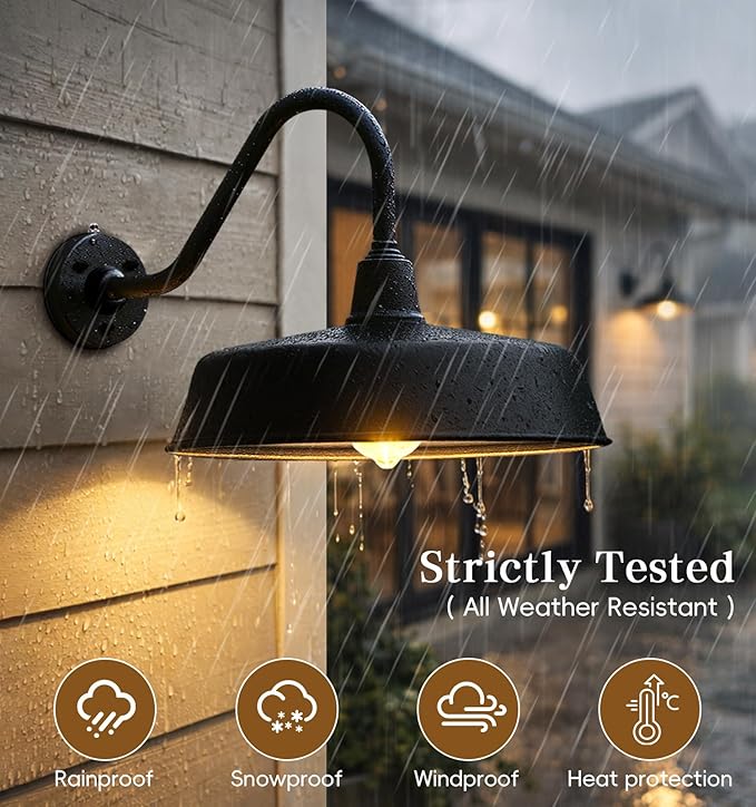 18 Inch Large Dusk to Dawn Outdoor Gooseneck Barn Lights Classic Black Farmhouse Barn Porch Lights for Garages Shops Outdoor Sconces.