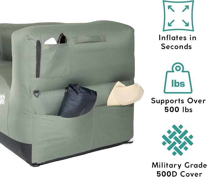 Slouch Couch | Air Sofa with Built-in Pump Hidden Cup Holders Storage Pockets | Durable Blow Up Couch with High-Performance Fabric for Camping Beach Home &amp Outdoors (Happy Camper)