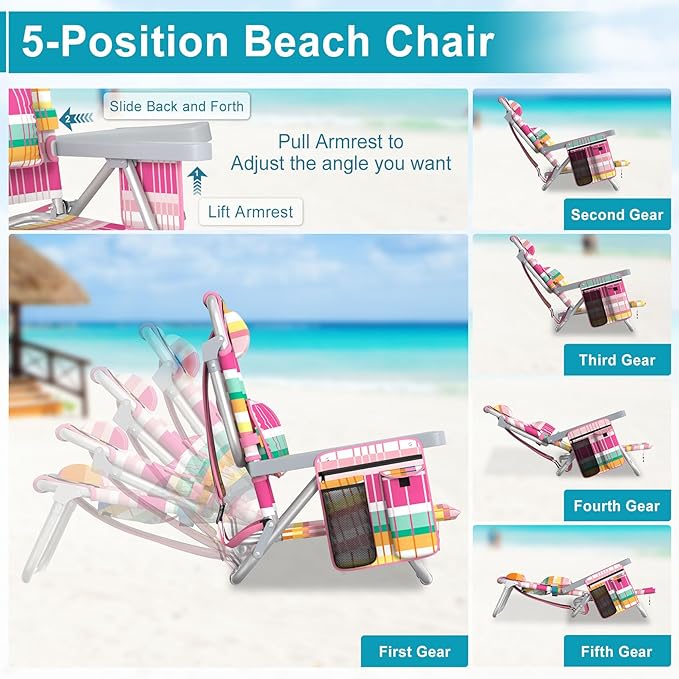 Suteck Beach Chair Adjustable 5-Position Backpack Beach Chairs for Adults Kids Foldable Lay Flat Chair with Cooler Bag Cup Holder and Lumbar Pillow Reclining Lay Down Chairs for Lawn Outdoor
