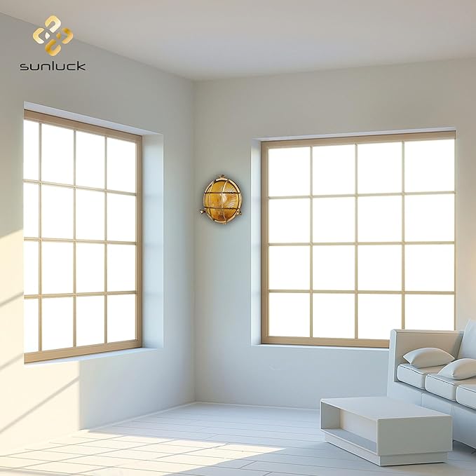 Sunluck Brass Bulkhead Light Grid Round Nautical Wall LampshadeCeiling MountSauna Light Waterproof IP54Rust ResistantDecoration CafeBarPorchesPatiosRestaurants