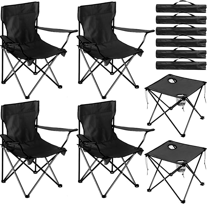 6 Pcs Camping Chairs with Table Heavy Duty Folding Chairs for Outside Camping Table Lawn Foldable Chair with Cup Holders Storage Bags Portable Sports Chairs for Adult Outdoor Travel (Black)
