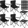 6 Pcs Camping Chairs with Table Heavy Duty Folding Chairs for Outside Camping Table Lawn Foldable Chair with Cup Holders Storage Bags Portable Sports Chairs for Adult Outdoor Travel (Black)