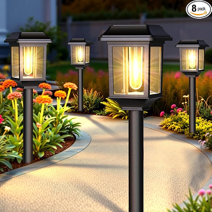 Mancra Solar Outdoor Lights Waterproof 8 Pack Metal Glass Solar Pathway Lights Outdoor Lighting Garden Decor for Landscape Path Yard Patio Driveway (Warm White)