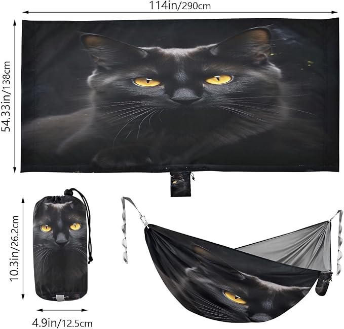Black Cat Pattern Camping Hammock 330 lbs with 2 Tree Straps Carry Bag Single Portable Hammock for Outdoor/Indoor Hiking Beach Backpacking Travel