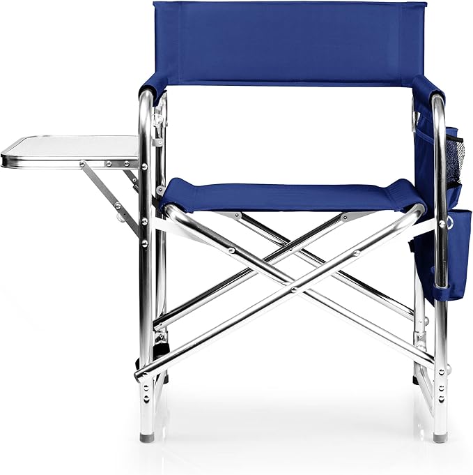 PICNIC TIME Sports Chair with Side Table and Armrest Caddy Lightweight Aluminum Folding Outdoor Camping Chair for Adults Portable Director Style Lawn Seating with Pockets &amp Carry Strap (Navy Bl