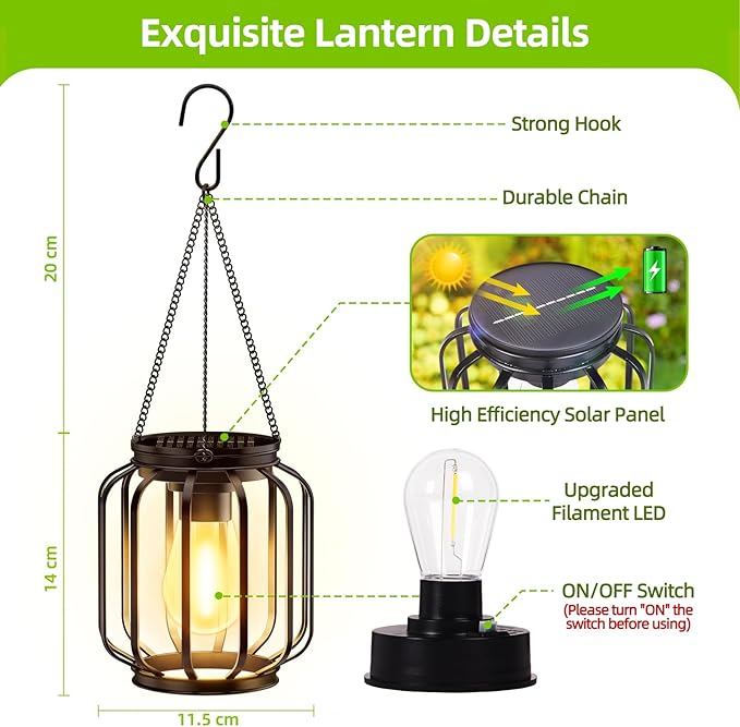 Solar Hanging Lanterns Outdoor Waterproof: 4 Pack Metal Solar-Powered Lights with Hook Bright Warm Lantern Decor for Outside Classic Outdoor Lighting for Yard Garden Patio Porch Balcony Decorations