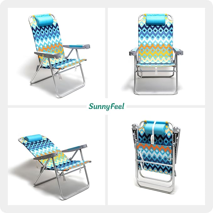 SUNNYFEEL Extra Wide 28 Folding Beach Chair 5 Position Lay Flat Portable 17 Tall Camping Chair with Cup Holder for Outdoor/Lawn/Trip/Picnic Lightweight Foldable Sand Chairs for Adults (Wave)