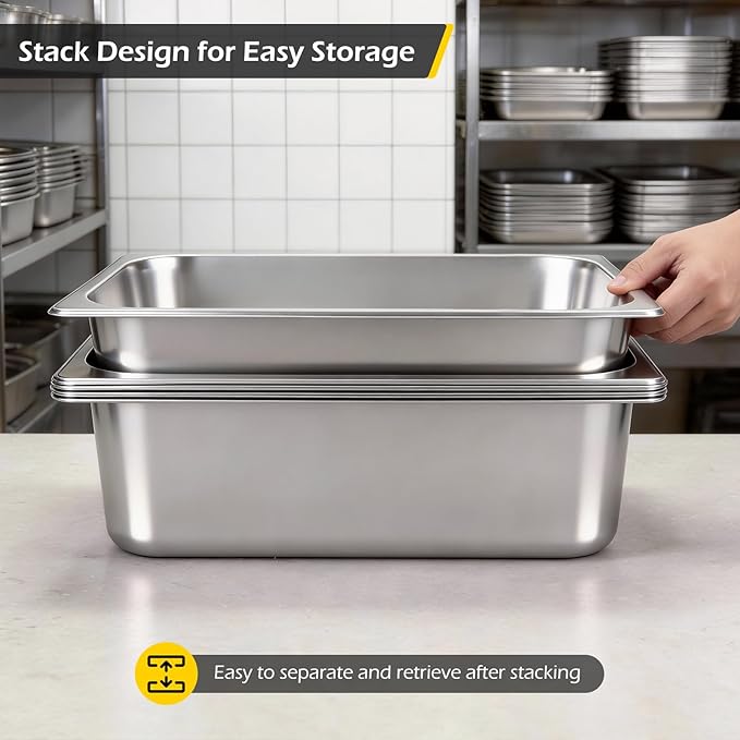 Dyna-Living 6 Pack Hotel Pans Full Size 6 Inch Deep Stainless Steel Steam Table Pan with Lids Anti Jam Stackable Commercial Food Pans for Buffet Hotel Home Restaurant Party Catering Supplies