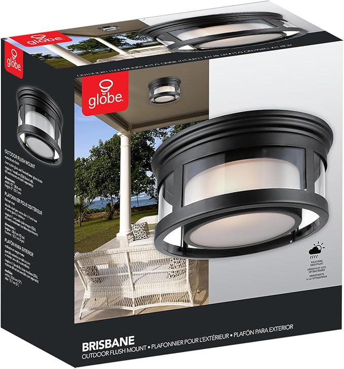 GLOBE Electric 44480 Brisbane 1-Light Outdoor Indoor Flush Mount Ceiling Light Matte Black Frosted Glass Shade Bulb Not Included